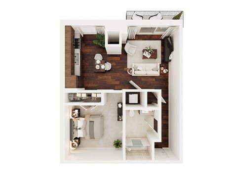 Floor plan for 1 bed, 1 bath, 614 sqft